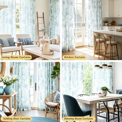 Aqua Blue White Leaf Sheer Curtains 54x84" Abstract Floral Print Bedroom 2 - color: Back Tab- Semi Sheer- Aqua Blue, size: 55"W x 84"L (Pack of 2)