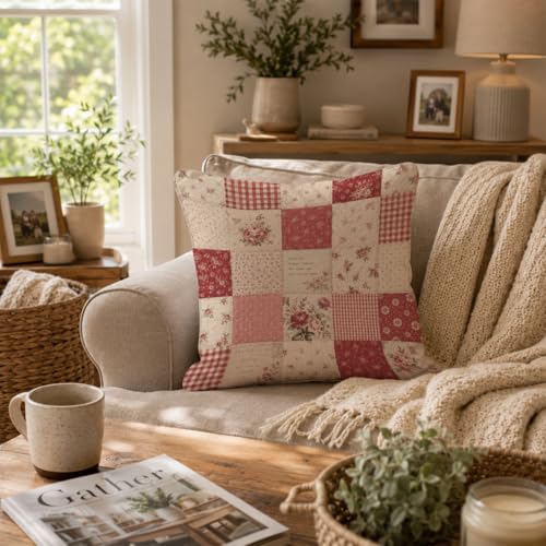 Shabby Chic Rose Patchwork Throw Pillow Cover 18x18 - color: Red