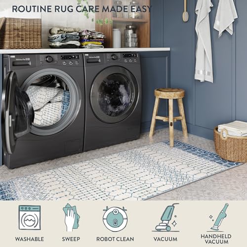 Lahome Moroccan Entryway Rugs Indoor 2x3 Area Rug Blue Non-Slip Backing Washable Indoor Mats for Entryway Low-Profile Throw Soft Rugs for Bathroom, Geometric Print Door Rug for Kitchen Bedside Hana - color: Blue/Cream, size: 2' x 3' (Rectangular)
