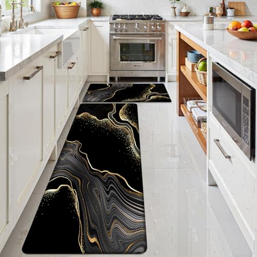 Kitchen Mats Set of 2, Cushioned Anti Fatigue Non Slip Waterproof Runner, Black and Gold Marble Design, PVC Memory Foam, 17.3"x47" and 17.3"x29" Rectangle Rugs for Kitchen Sink and Laundry - color: Black Marble 4