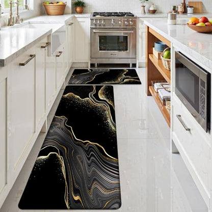 Kitchen Mats Set of 2, Cushioned Anti Fatigue Non Slip Waterproof Runner, Black and Gold Marble Design, PVC Memory Foam, 17.3"x47" and 17.3"x29" Rectangle Rugs for Kitchen Sink and Laundry - color: Black Marble 4