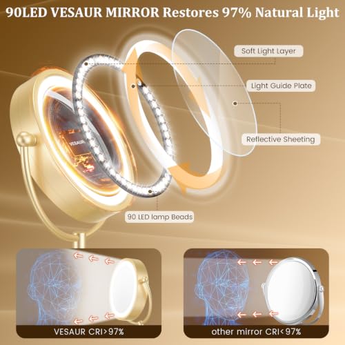 Professional 8.5" Large Lighted Makeup Mirror with Brighter Lights, 1X/10X True HD Magnifying Mirror with 3 Color Dimmable Lights, 90 Shadowless LEDs, 360°Swivel Seamless Vanity Mirror, Gold Nickel - color: Gold Nickel