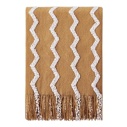 BOURINA Knitted Throw Blanket Boho Chenille Blanket,Mustard 60x80Inch - color: A-mustard, size: 60"×80"
