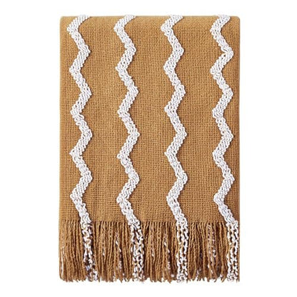 BOURINA Knitted Throw Blanket Boho Chenille Blanket,Mustard 60x80Inch - color: A-mustard, size: 60"×80"