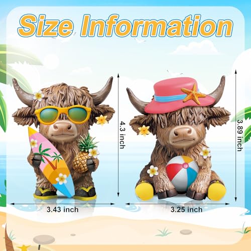 Karenhi 2 Pcs Highland Cow Figurines Summer Decor, Beach Tabletop Statues - style: Summer