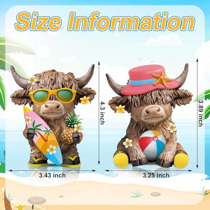 Karenhi 2 Pcs Highland Cow Figurines Summer Decor, Beach Tabletop Statues - style: Summer