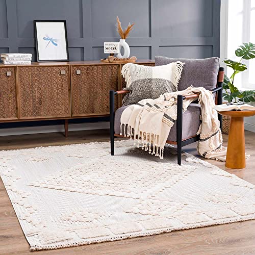 Hauteloom Thackeray Farmhouse Living Room Bedroom Modern Moroccan Medallion Area Rug - Soft Shaggy High Low Carpet - High Pile - Bohemian, Boho - White, Beige, Cream - 5'3" x 7' - color: Cream / Rosales, size: 5'3" x 6'11" (Rectangular)