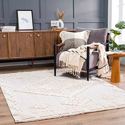Hauteloom Thackeray Farmhouse Living Room Bedroom Modern Moroccan Medallion Area Rug - Soft Shaggy High Low Carpet - High Pile - Bohemian, Boho - White, Beige, Cream - 5'3" x 7' - color: Cream / Rosales, size: 5'3" x 6'11" (Rectangular)