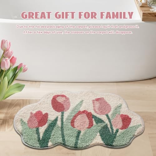 Cloud-Shaped Tulip Bath Mat, Soft Non-Slip Fluffy Fresh Flowers Bathroom Rug, Ultra Absorbent Microfiber Shaggy Door Mat, Machine Washable Bath Rug Carpet for Bathtub Bedroom 20x31 Inch (Tulip) - color: Tulip