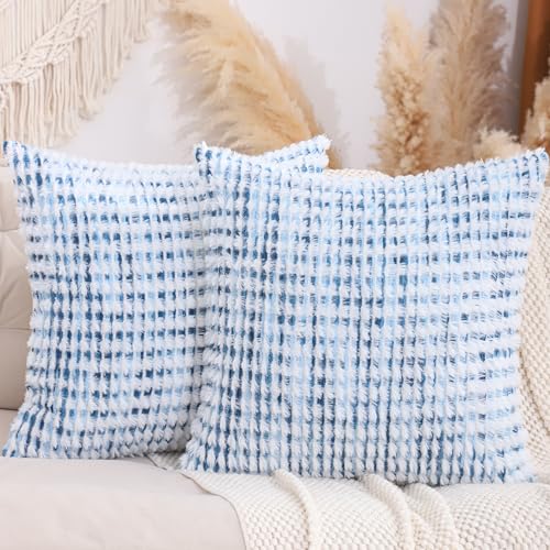 LUOYEHK Boho Throw Pillow Covers 22x22 Inch Set of 2 Chenille Tufted Pillowcase Farmhouse Neutral Cushion Covers for Couch Sofa Bed Living Room, Blue White - color: Blue White, size: 22" x 22" (Pack of 2)