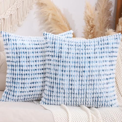 LUOYEHK Boho Throw Pillow Covers 22x22 Inch Set of 2 Chenille Tufted Pillowcase Farmhouse Neutral Cushion Covers for Couch Sofa Bed Living Room, Blue White - color: Blue White, size: 22" x 22" (Pack of 2)