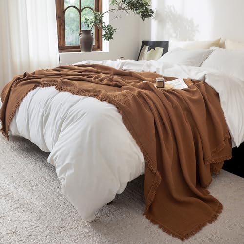 FOSSA Muslin Blanket 4-Layer 100% Cotton Gauze Blanket with Fringe 108"x98" - color: Dark Orange, size: Super King(108" × 98")
