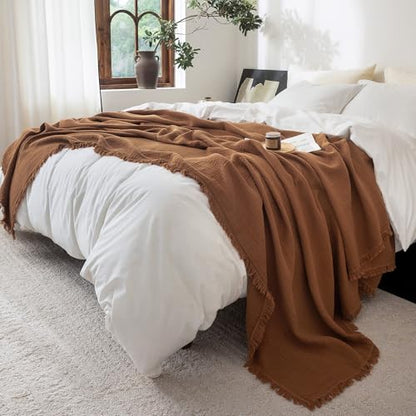 FOSSA Muslin Blanket 4-Layer 100% Cotton Gauze Blanket with Fringe 108"x98" - color: Dark Orange, size: Super King(108" × 98")