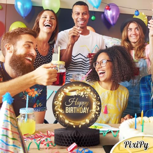 Happy Birthday Table Decoration Centerpieces - (4 Pack, Black & Rose Gold), Double-Sided Happy Birthday Centerpieces for Tables - Party Supplies for Elegant Birthday Decorations by PixiPy - style: Black & Gold (Pack of 4)