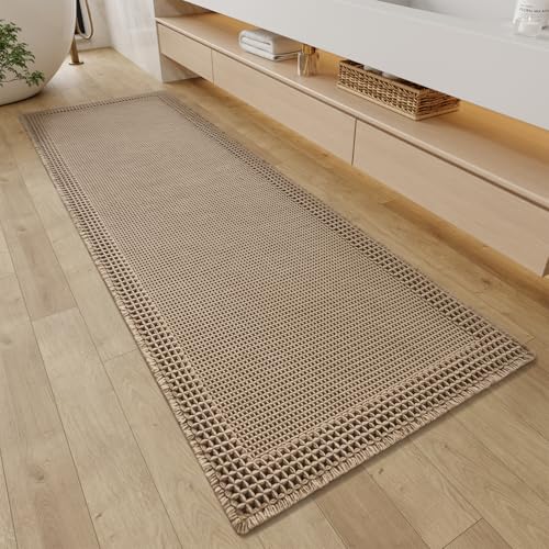 RESARE Waffle Bathroom Runner Rugs, Non Slip Boho Bath Mat 24"x72" Brown - color: Brown, size: 2' X 6'
