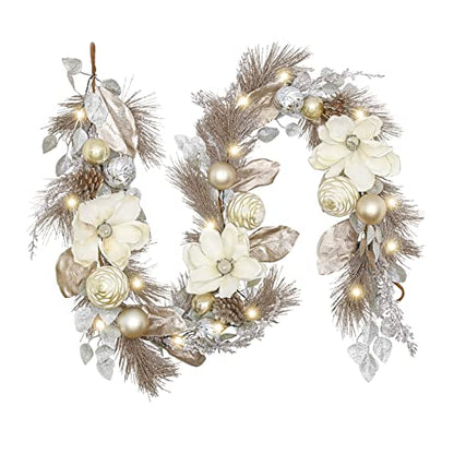 Valery Madelyn 6 Feet Pre-Lit Christmas Garland with White Gold Flower - color: Champagne Gold, size: 6 feet