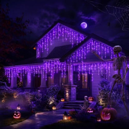 FLVOECN 720 LED 65FT Purple Halloween Ice Lights, Plug in Timer 8 Modes - color: Champagne