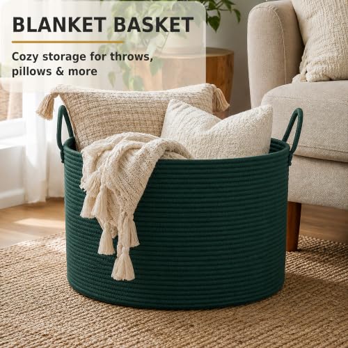 XUANGUO 66L Large Blanket Basket, Round Cotton Rope Basket, Dark Green - color: dark green