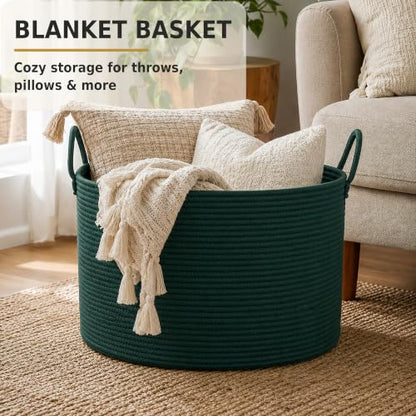 XUANGUO 66L Large Blanket Basket, Round Cotton Rope Basket, Dark Green - color: dark green