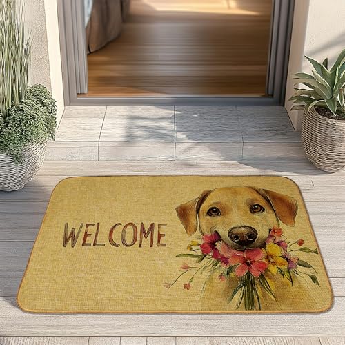 Welcome Dog Flower Front Door Mat, Non-Slip Welcome Doormat for Porch Entrance, Low Profile Rug for Indoor, Summer Home Decor - color: Welcome Dog Flower