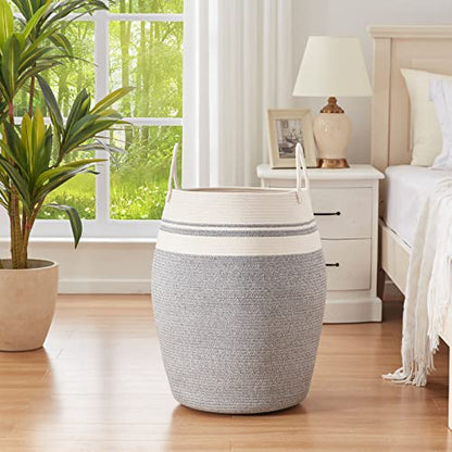 OIAHOMY 105L Laundry Hamper Cotton Rope Large Clothes Hamper White & Grey - color: White & light grey