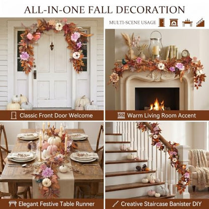 Montekin 6ft Fall Garland with Maple Leaves & White Pumpkins