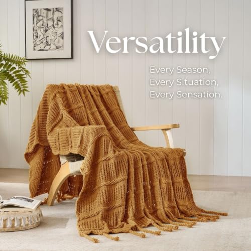 Boho Knitted Chenille Blanket with Tassels - Lightweight & Soft All-Season Throw - 3D Classic Pattern for Living Room Bedroom Couch, Amber Brown, Twin 60"x80" - color: Amber Brown, size: Twin