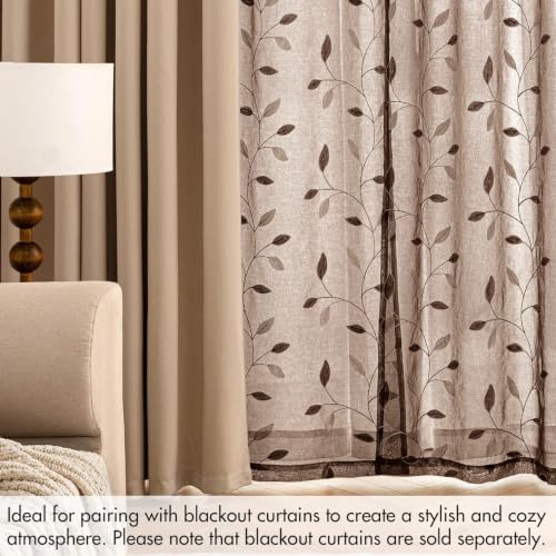 MIULEE Chocolate Brown Sheer Curtains 2 Panels Leaf Patterned, W52 x L96 - color: Chocolate Brown, size: 52"W x 96"L (Pack of 2)
