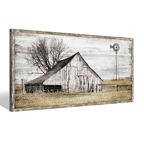 Farmhouse Framed Wall Art Picture: Rustic Barn Farm Wood Artwork Decor Large Country Landscape Windmill Print Horizontal Panoramic Countryside Rural Nature Scene Painting for Living Room Bedroom - color: Farm 03, size: 48"L x 24"W