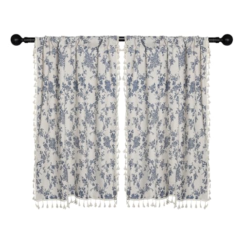 2 Panels Linen Tassels Curtains Farmhouse Blue Floral Vintage Semi Sheer Window Curtain for Kitchen Bathroom, 26x36in Tiers Curtain - color: Cymbidium, size: 26"W x 36"L (Pack of 2)