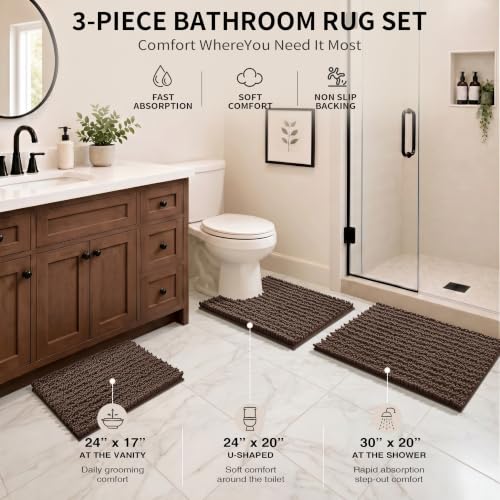 Yimobra Brown Bathroom Rug Set 3 Piece, Super Water Absorbent Bath Mat Set - color: Brown, size: 24"x17" + 24"x20" + 30"x20"