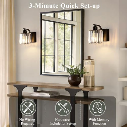 BELS 8 Inch Battery Operated Wall Sconces Set of 2, Farmhouse Black Wall Lights Fixture with Crystal Shade, 3 Colors Temperature, Remote Control, Dimmable, Wall Sconces for Mirror, Bathroom, Bedroom - color: Crystal