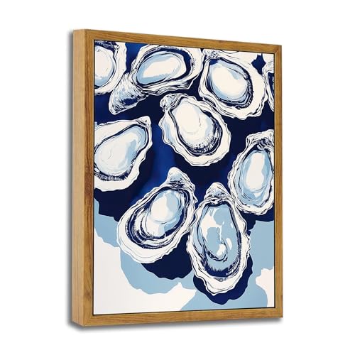 Wood Grain Framed Coastal Oysters Canvas Wall Art for Living Room 8" x 10" | HD Print, Fade-resistant, Oysters Coastal Aesthetic, Beach House & Living Room Decoration, Ready to Hang, Nautical Wall Art - color: Abalone, size: 8"L x 10"W