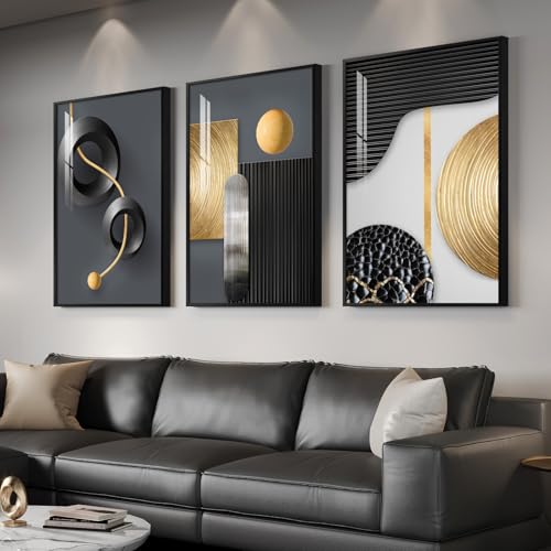 Framed Black and Gold Modern Abstract Wall Art for Living Room, 24x36 In - color: Black Gold Structure Set, size: 24" W x 36" H x 3 pieces