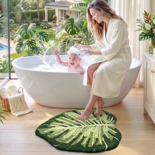 LUMI Bathroom Rug Green Leaf, Absorbent Non Slip Bath Mat, 31.5"x47" - color: Ample Monstera-large