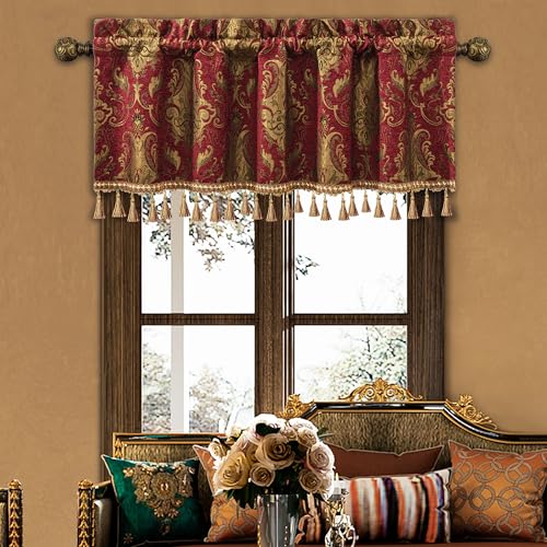 Loom and Mill Classic Chenille Damask Valances for Windows, Red, 54"x18" - color: Florence-red