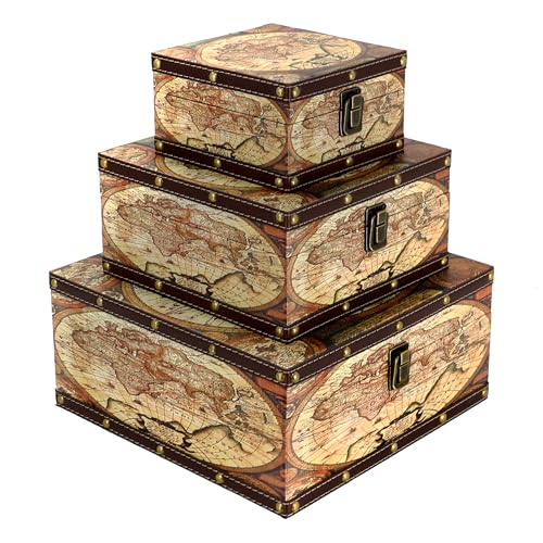 Jolitac Wooden Storage Box Set of 3, Antique-Looking Storage Containers with Secret Compartments Vintage Nesting Keepsake Chests for Jewelry, Cash, Photos Travel-Friendly & Stackable (Map) - color: Map