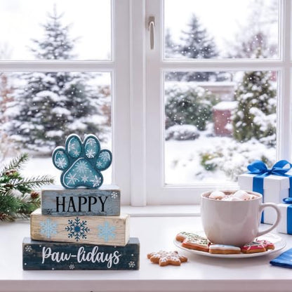 Amyhill 4 Pcs Winter Dog Paw Tiered Tray Wooden Table Sign Decor - style: Winter