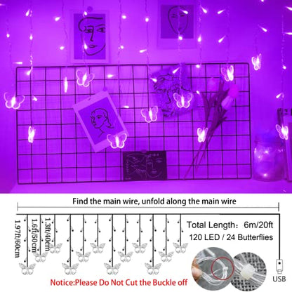 Purple Butterfly Curtain Fairy Lights USB Plug in,120 LED 8 Modes 20FT Firefly Twinkle Icicle String Lights with Remote Timer Waterproof for Halloween Bedroom Christmas Wedding Party Dorm - color: Purple