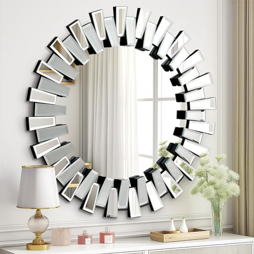 QDSSDECO 32" x32" Round Sunburst Wall Mirror, Frameless Beveled Edge - color: Round, size: 32"L x 32"W