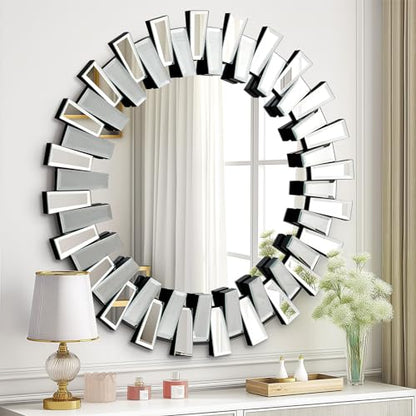 QDSSDECO 32" x32" Round Sunburst Wall Mirror, Frameless Beveled Edge - color: Round, size: 32"L x 32"W