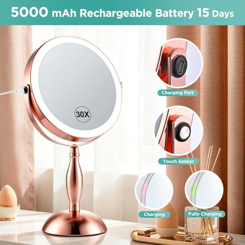 30X Makeup Mirror with Lights and Magnification-Rose Gold 8" Double Sided - color: Rose Gold