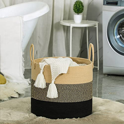 KAKAMAY Large Blanket Basket (18"x18"x16"),Woven Baby Laundry Hamper for Storage, Cotton Rope Blankets Baskets for Nursery, Laundry, Living Room, Pillows, Baby Toy Chest with Handles (Black) - color: Black