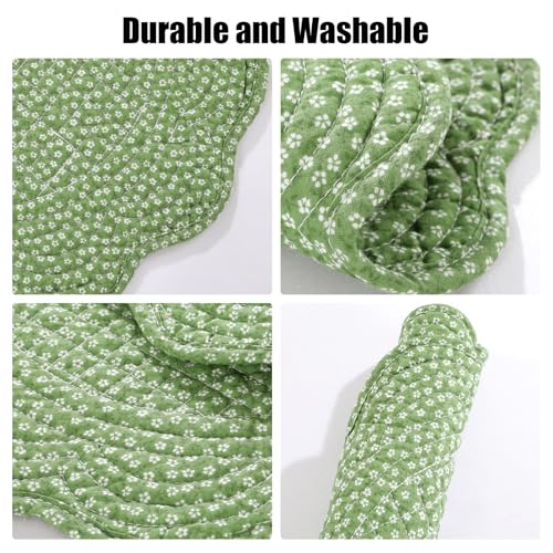 HOMBYS Quilted Placemats Set of 4 Washable Round Placemats for Kitchen Table-100% Cotton Fabric Round Table Mats, (Green with White Flower) - color: Green With White Flower