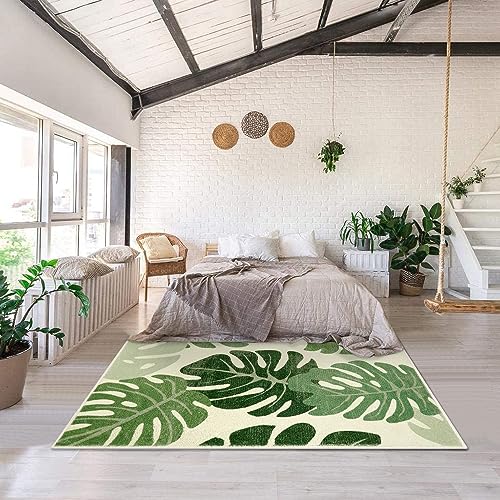 Lukinbox Leaf Indoor Outdoor Area Rugs for Patio, 5x7 Green Washable Living Room Rug Tropical Monstera Plant Non-Slip Bedroom Rugs, Large Accent Area Carpets for Dinning Room Porch - size: 5' x 7'