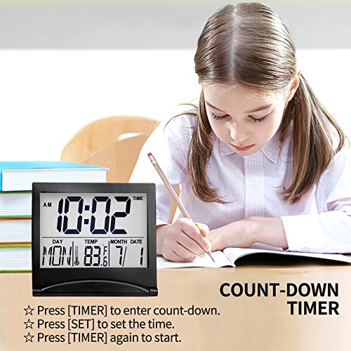 Betus Digital Travel Alarm Clock – Foldable Calendar, Temperature & Timer with Snooze – Large Number Display, Battery Operated – Compact Desk Clock for Home & Office (Black) - color: Black Pack of 1
