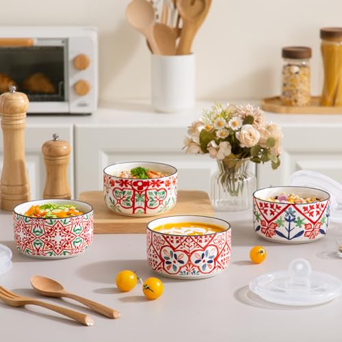 Ceramic Bowl with Lid, Microwave Safe, Set of 4 - color: color A1 - Set of 4