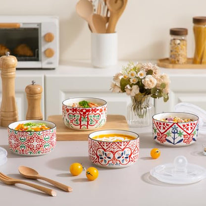 Ceramic Bowl with Lid, Microwave Safe, Set of 4 - color: color A1 - Set of 4