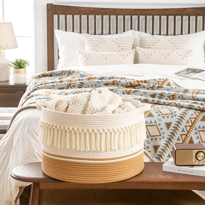 KAKAMAY Large Blanket Basket (20"x13"),Woven Baskets for storage Baby Laundry Hamper, Cotton Rope Blanket Basket for Living Room, Laundry, Nursery, Pillows, Baby Toy chest (White Fringe) - color: White Fringe
