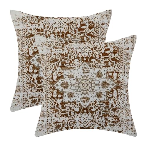 AEIOAE Boho Pillow Covers 16x16 Inch Set of 2,Brown Beige Carpet Pattern Throw Pillows Case,Ethnic Design Retro Outdoor Decorative Square Linen Farmhouse Decor Cushion Covers for Home Sofa Couch - color: Brown Beige, size: 16" x 16" (Pack of 2)